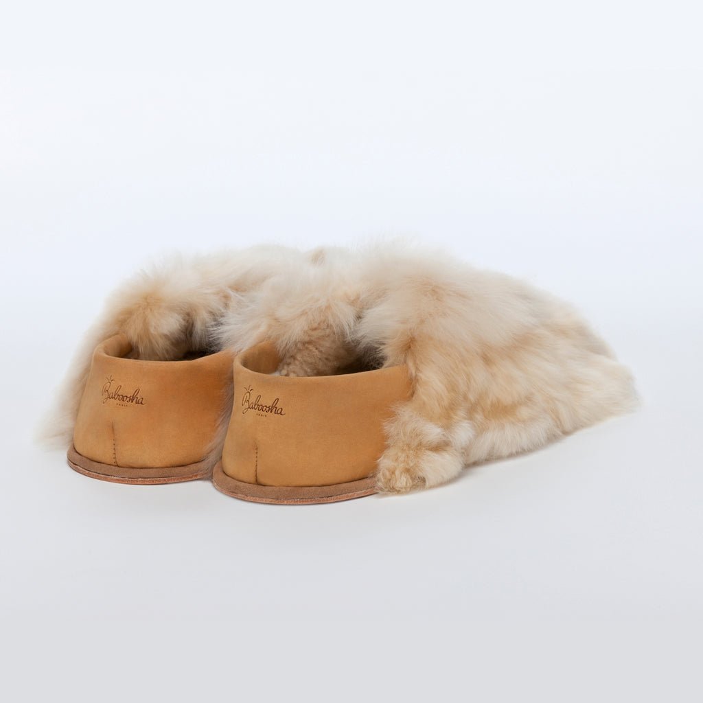 Almond Satin Express. Ethical alpaca fur luxury slippers. Leather soles Sheepskin interior. Made in Peru Animal cruelty free.