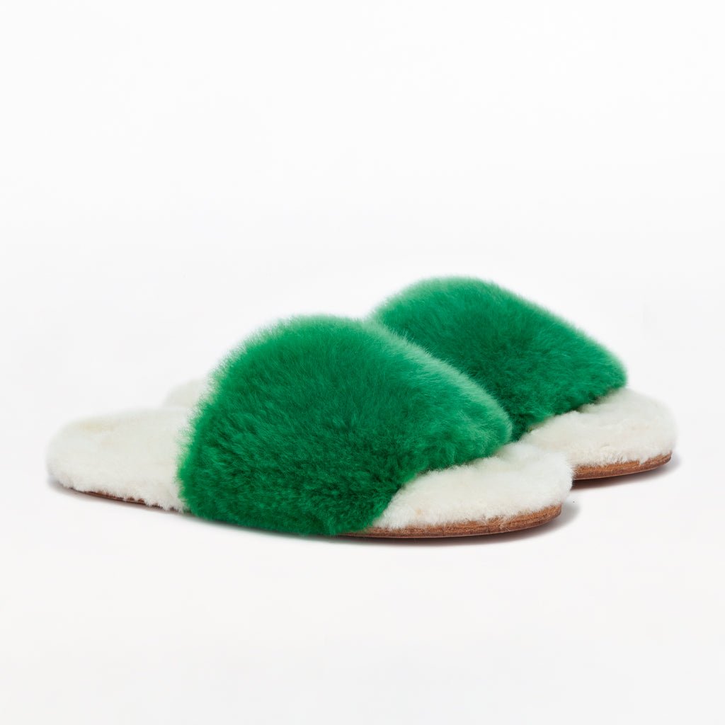 Amazon Green Slider. Ethical alpaca fur luxury slippers. Leather soles Sheepskin interior. Made in Peru. Animal cruelty free.