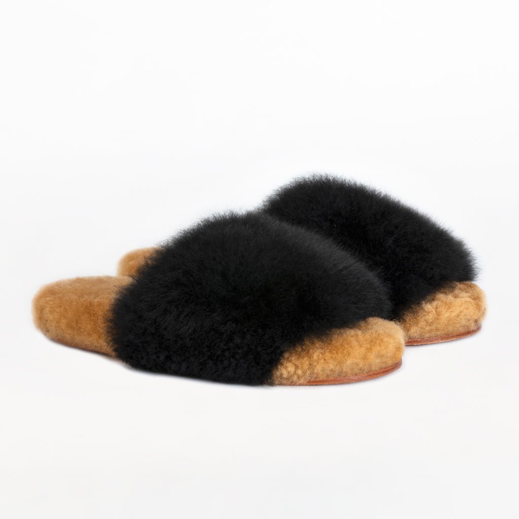 Black & Brown Slider. Ethical alpaca fur luxury slippers. Leather soles Sheepskin interior. Made in Peru. Animal cruelty free