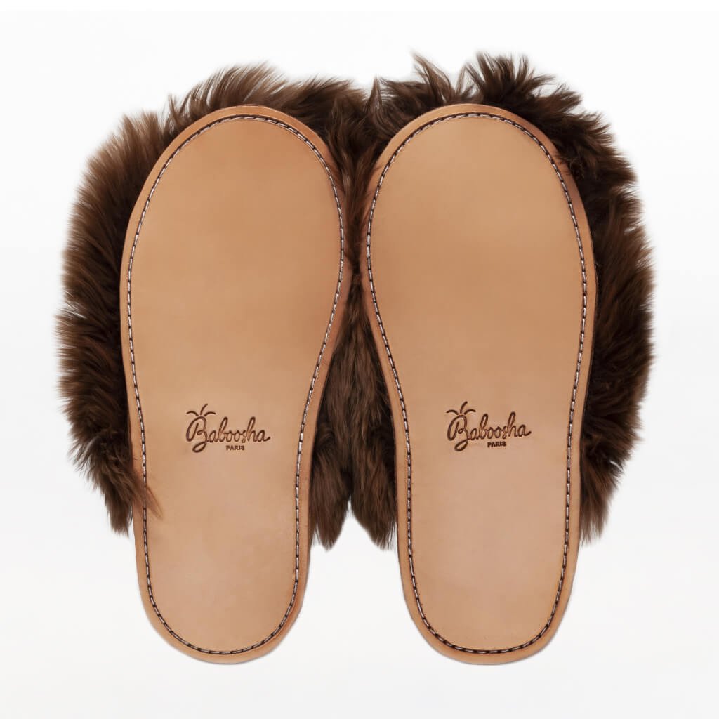 Chocolate Express. Ethical Alpaca fur luxury slippers. Leather soles. Sheepskin interior. Made in Peru. Animal cruelty free.