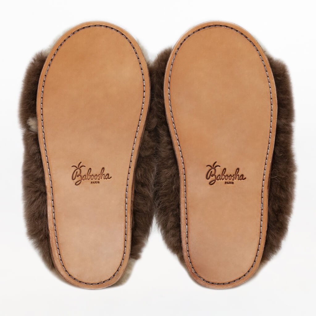 Chocolate X Slider. Ethical Alpaca fur luxury slippers. Leather soles. Sheepskin interior. Made in Peru. Animal cruelty free.