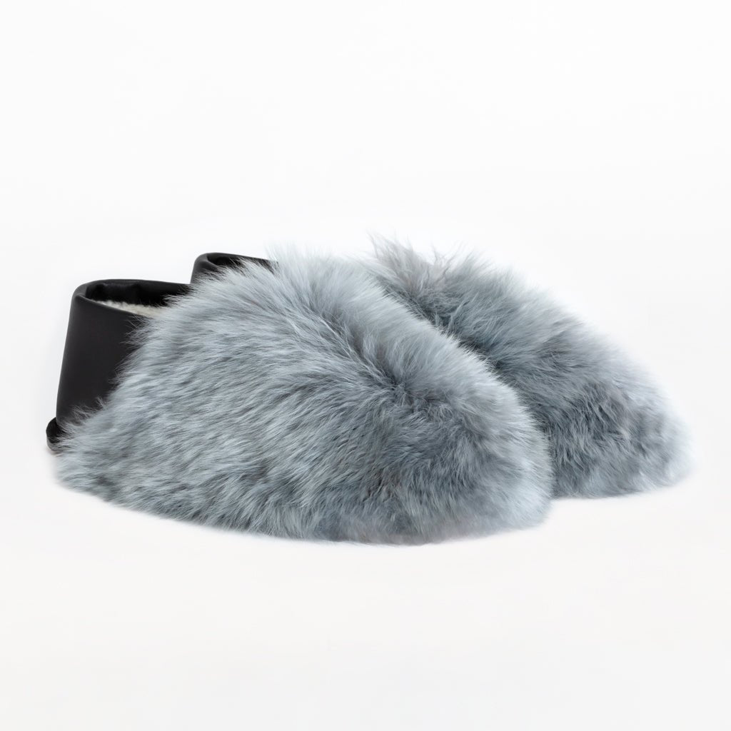 Dolphin Gray Express. Ethical Alpaca fur luxury slippers. Leather soles Sheepskin interior. Made in Peru. Animal cruelty free