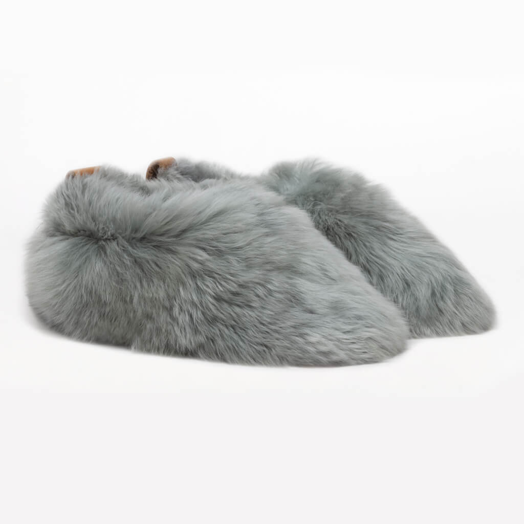 Dolphin Gray Swirl. Ethical Alpaca fur luxury slippers. Leather soles. Sheepskin interior. Made in Peru. Animal cruelty free.