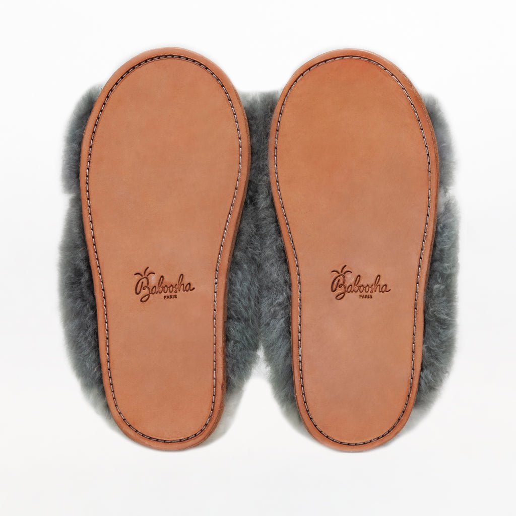 Dolphin Gray X Slider. Ethical Alpaca fur luxury slippers. Leather soles Sheepskin interior Made in Peru. Animal cruelty free