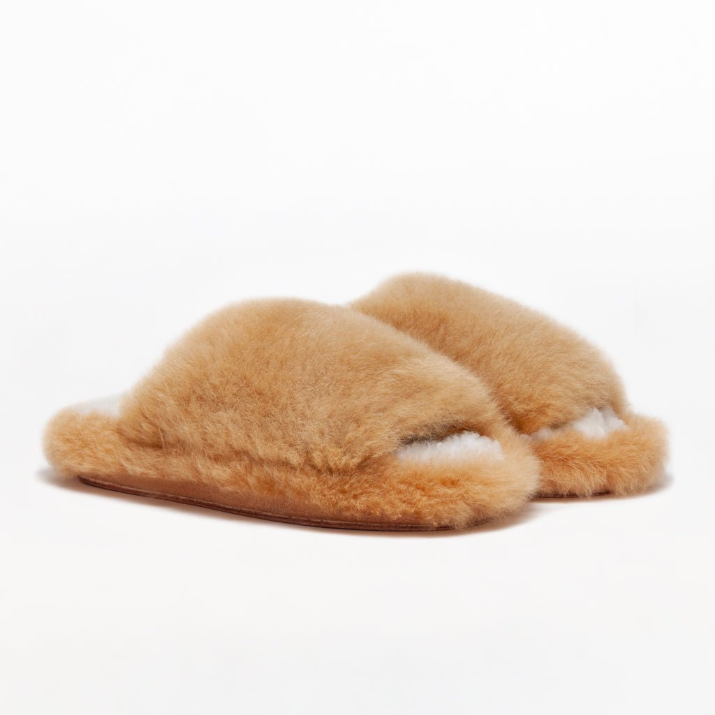 Ginger Honey Platform. Ethical Alpaca fur luxury slippers. Leather soles Sheepskin interior. Made in Peru Animal cruelty free