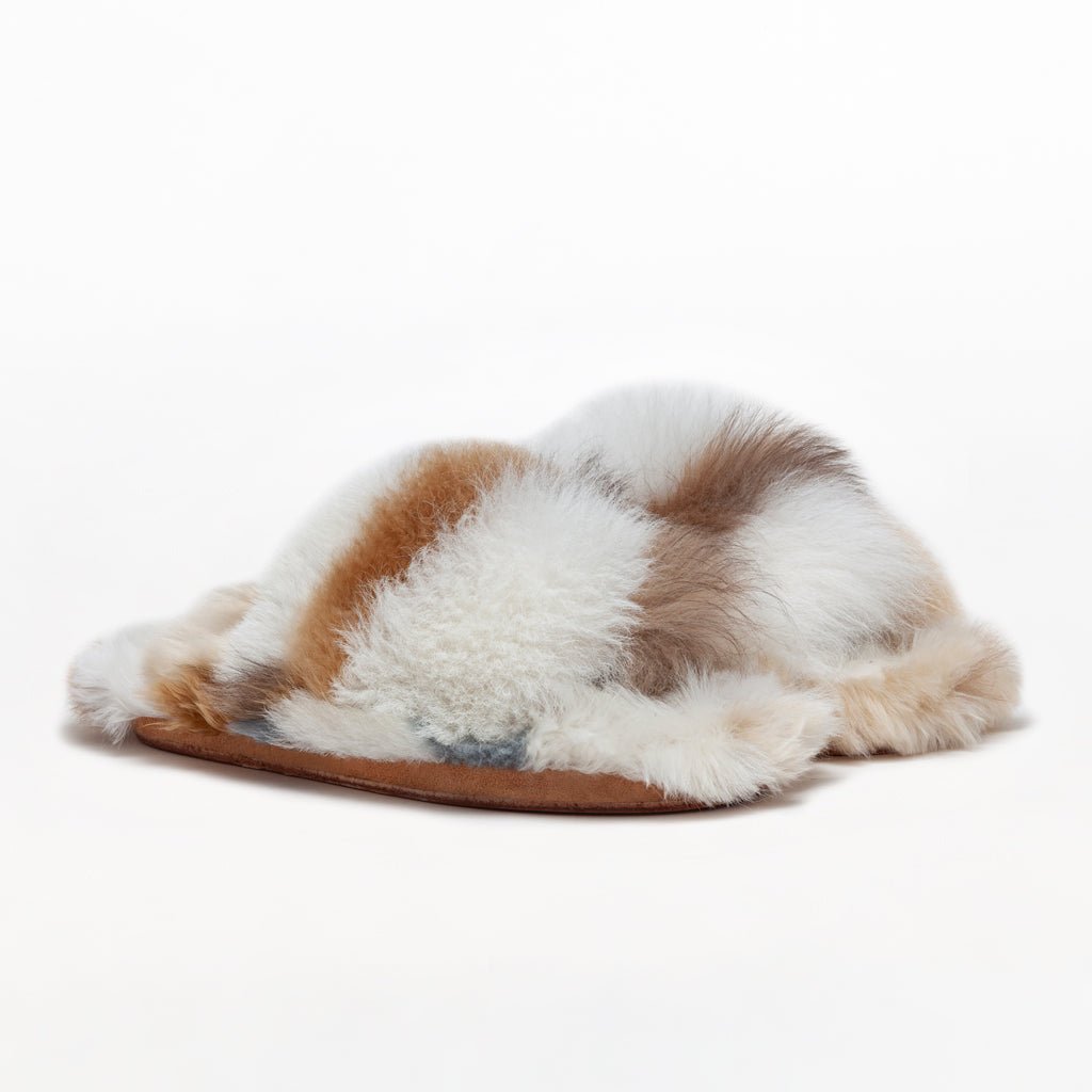 Marble Platform. Ethical Alpaca fur luxury slippers. Leather soles. Sheepskin interior. Made in Peru. Animal cruelty free.