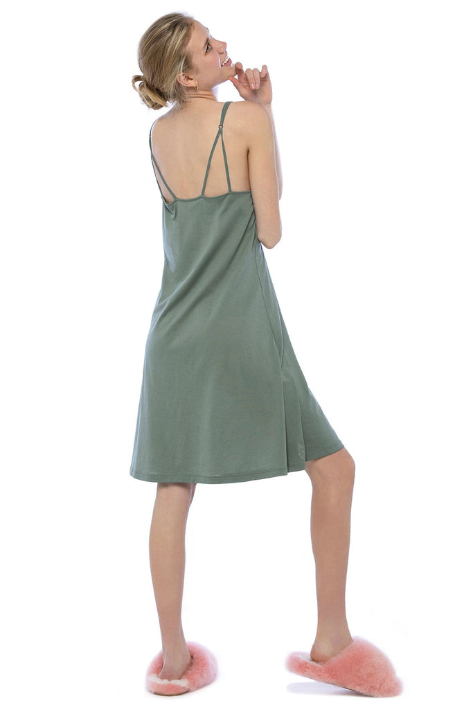 Vert green Slip Nightgown. Mercerised Peru pima cotton. Jersey fabric A line silhouette Supportive bralette elastic underband