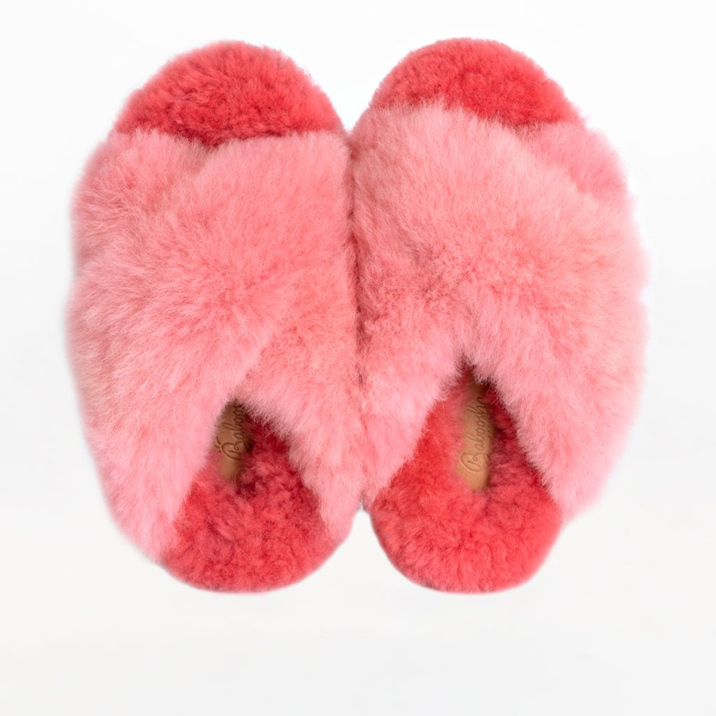 Pink X Sliders. Ethical Alpaca fur luxury slippers. Leather soles. Sheepskin interior. Made in Peru. Animal cruelty free fur.