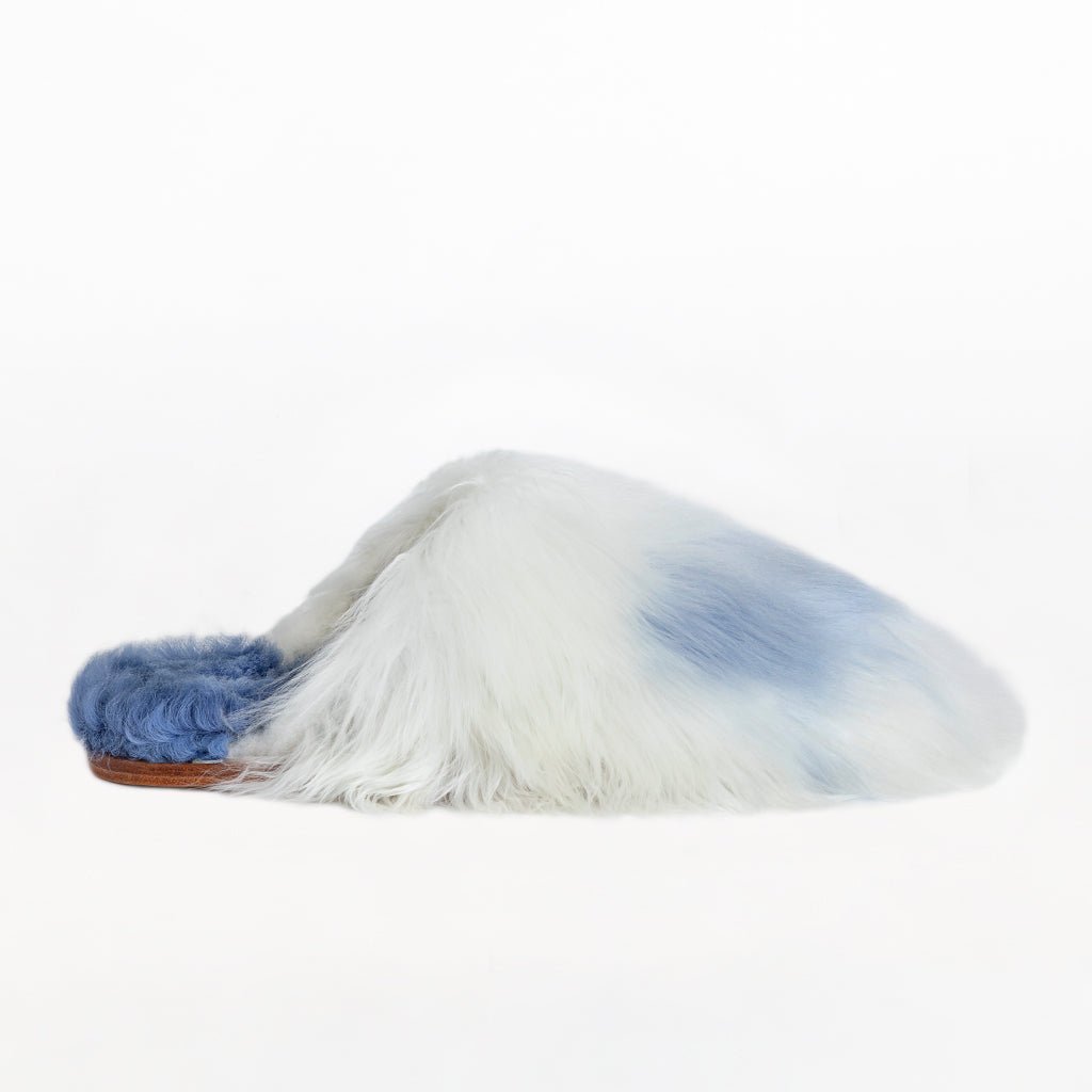 Powder Sky Mule Alpaca Fur Slippers. Designer Slippers