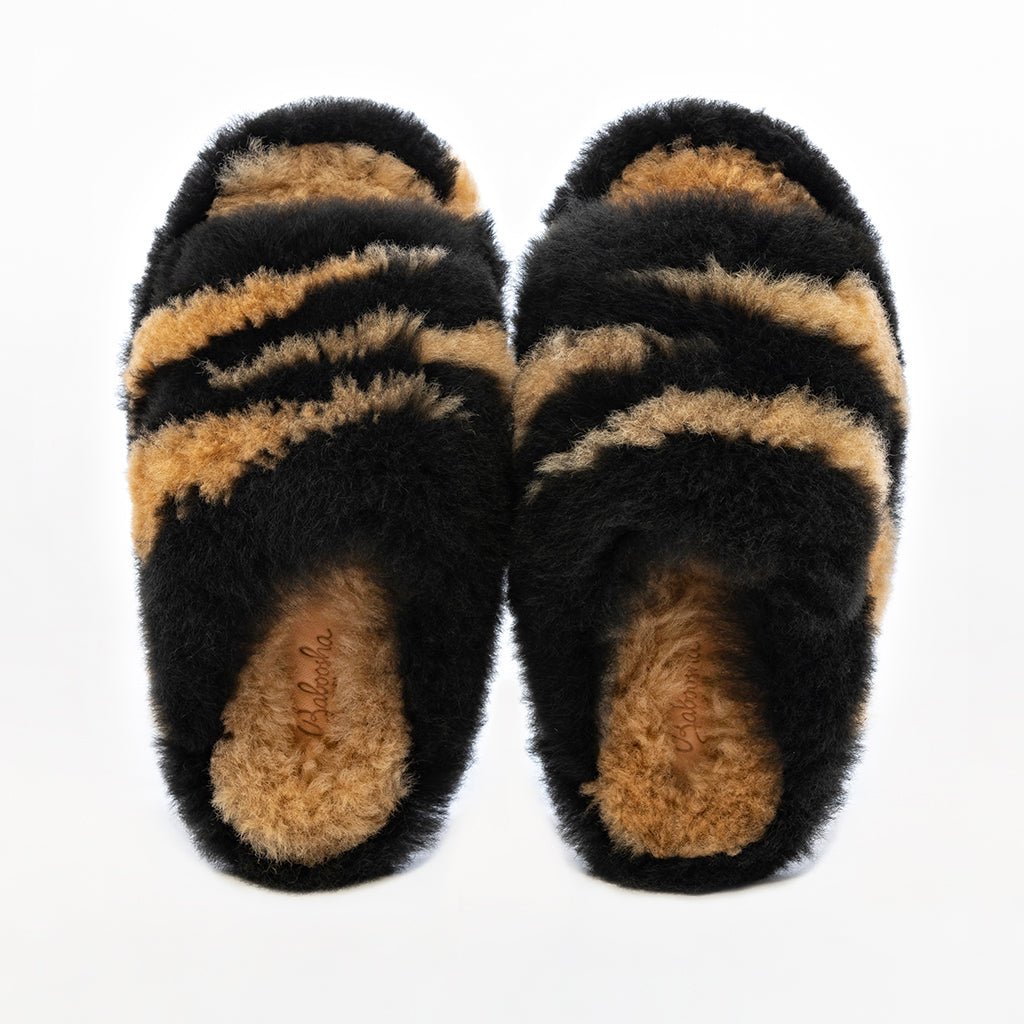 Black brown tiger stripes. Alpaca fur luxury platform slippers. Leather soles. Made in Peru. Animal cruelty free. Ethical fur
