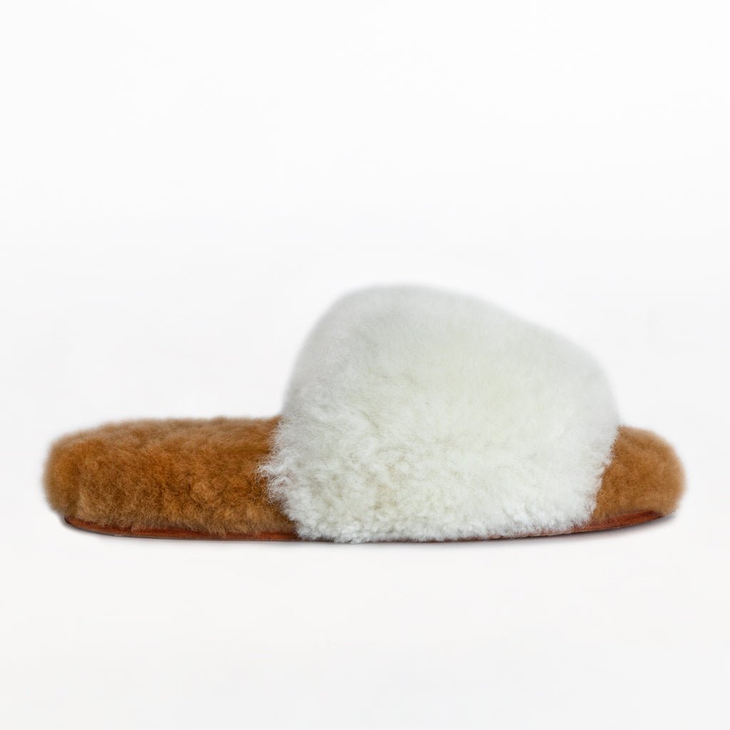 White Sliders. Ethical Alpaca fur luxury slippers. Leather soles. Sheepskin interior. Made in Peru. Animal cruelty free fur.