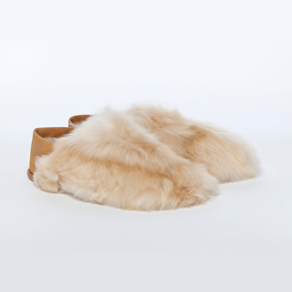 Almond Satin Express. Ethical alpaca fur luxury slippers. Leather soles Sheepskin interior. Made in Peru Animal cruelty free.