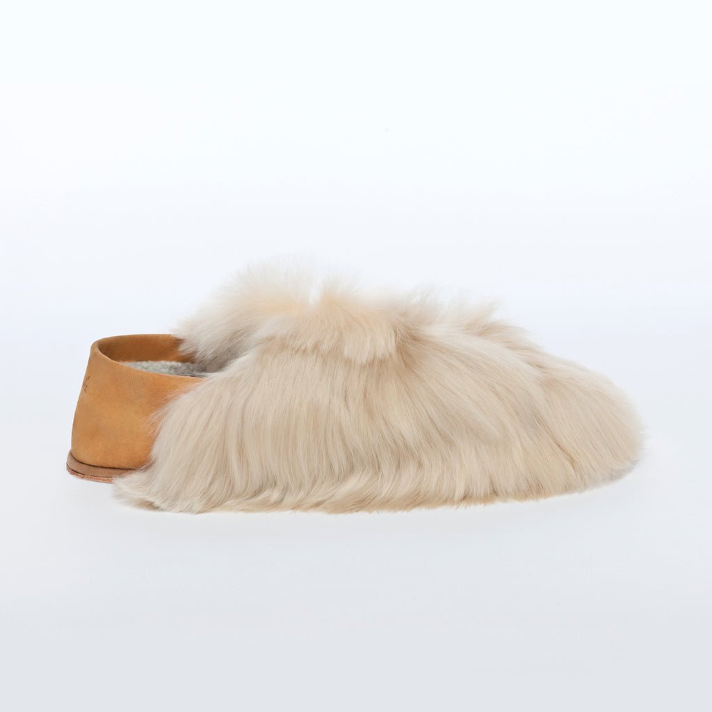 Almond Satin Express. Ethical alpaca fur luxury slippers. Leather soles Sheepskin interior. Made in Peru Animal cruelty free.