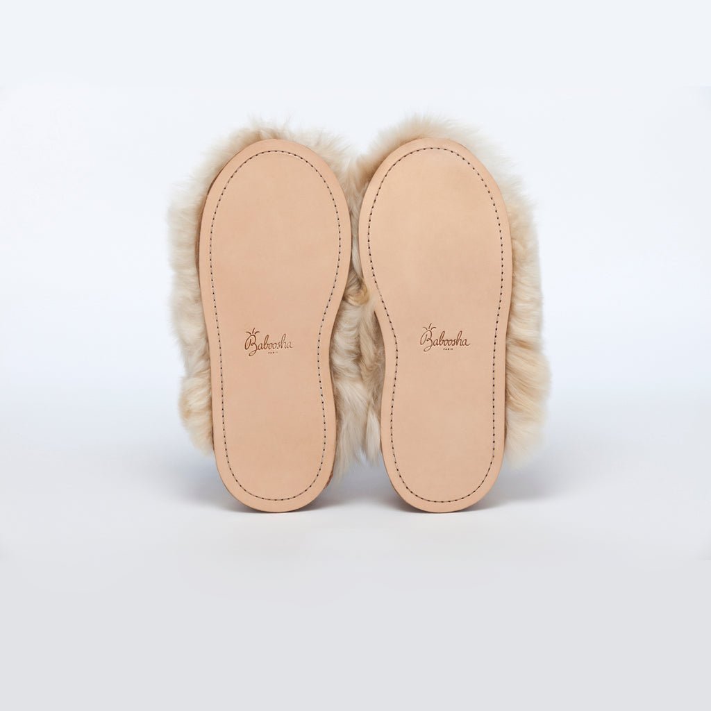 Almond Satin Express. Ethical alpaca fur luxury slippers. Leather soles Sheepskin interior. Made in Peru Animal cruelty free.