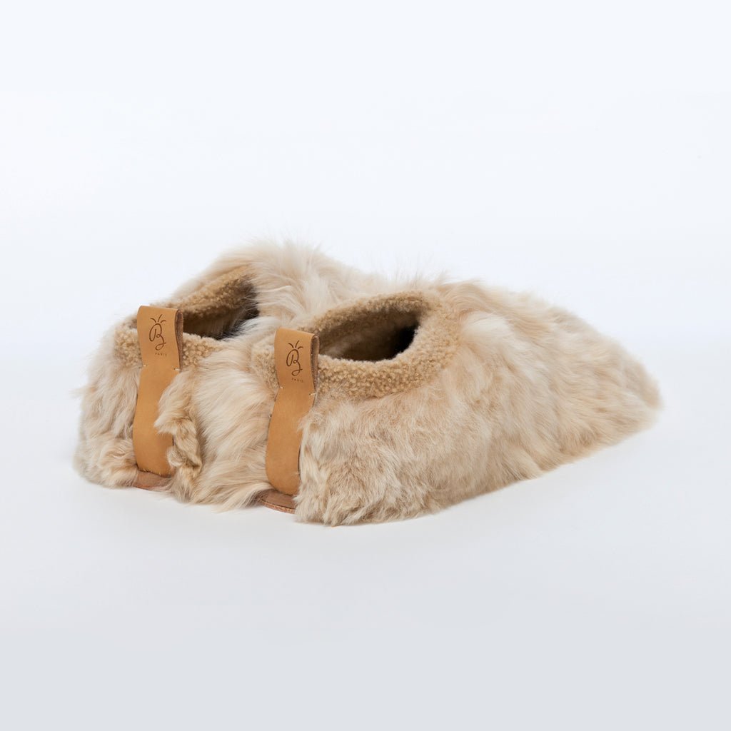 Almond Satin Low Rider. Ethical alpaca fur luxury slippers. Leather soles Sheepskin interior Made in Peru Animal cruelty free