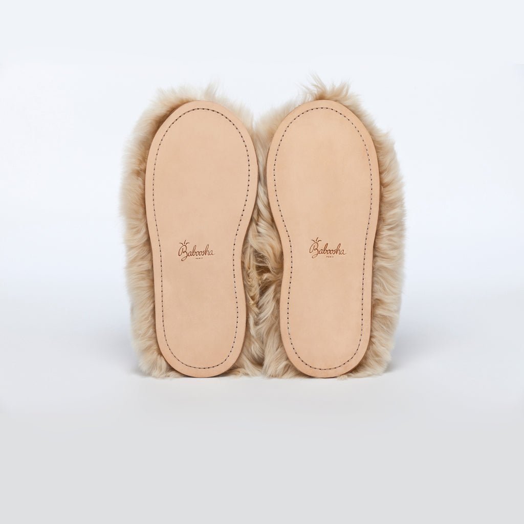 Almond Satin Low Rider. Ethical alpaca fur luxury slippers. Leather soles Sheepskin interior Made in Peru Animal cruelty free