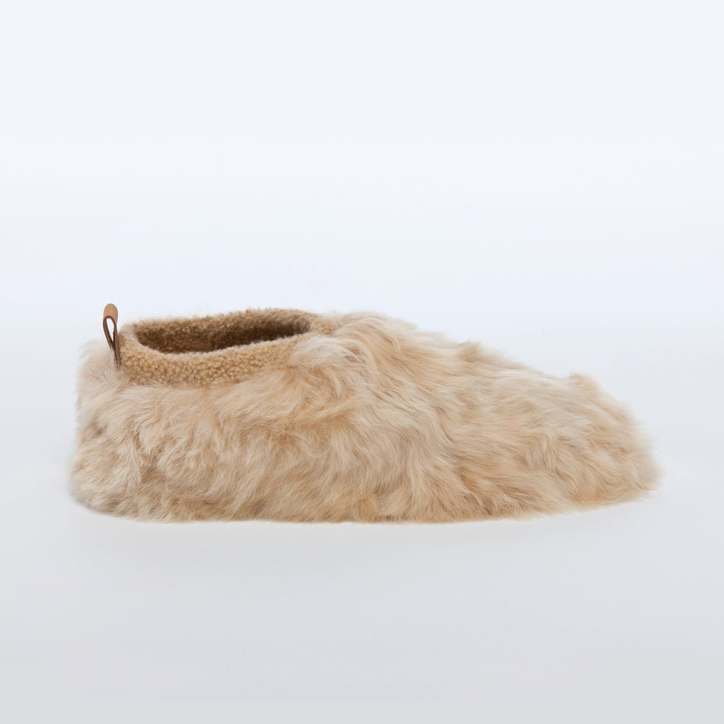 Almond Satin Low Rider. Ethical alpaca fur luxury slippers. Leather soles Sheepskin interior Made in Peru Animal cruelty free
