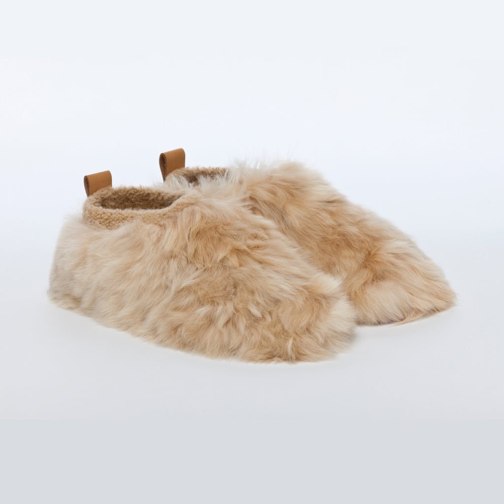 Almond Satin Low Rider. Ethical alpaca fur luxury slippers. Leather soles Sheepskin interior Made in Peru Animal cruelty free