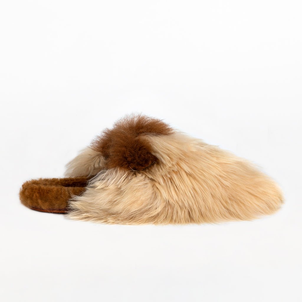 Almond Satin Mule. Ethical alpaca fur luxury slippers. Leather soles. Sheepskin interior. Made in Peru. Animal cruelty free.