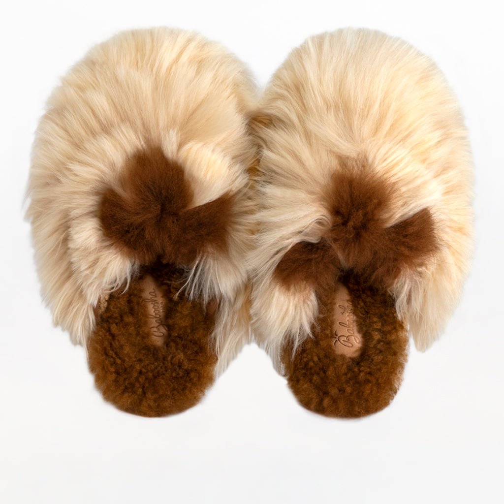 Almond Satin Mule. Ethical alpaca fur luxury slippers. Leather soles. Sheepskin interior. Made in Peru. Animal cruelty free.