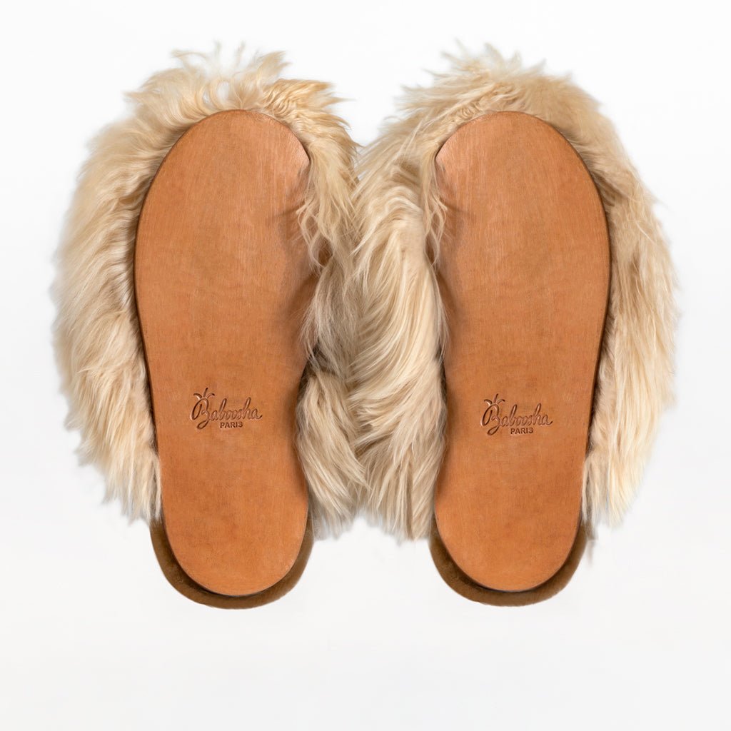 Almond Satin Mule. Ethical alpaca fur luxury slippers. Leather soles. Sheepskin interior. Made in Peru. Animal cruelty free.