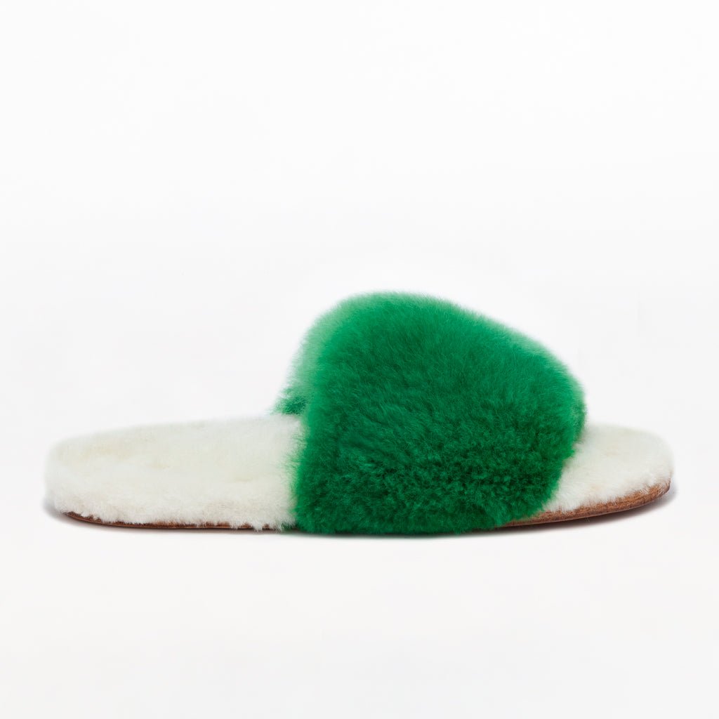Amazon Green Slider. Ethical alpaca fur luxury slippers. Leather soles Sheepskin interior. Made in Peru. Animal cruelty free.