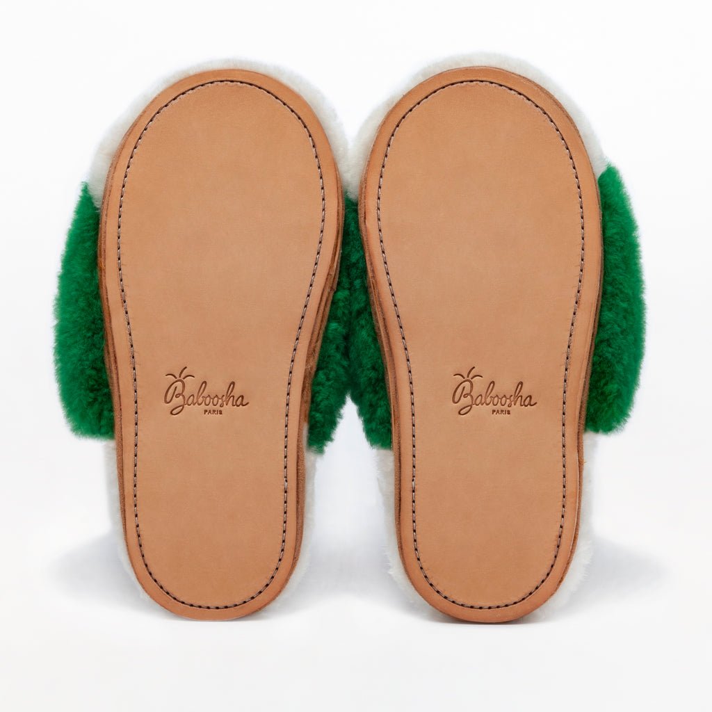 Amazon Green Slider. Ethical alpaca fur luxury slippers. Leather soles Sheepskin interior. Made in Peru. Animal cruelty free.