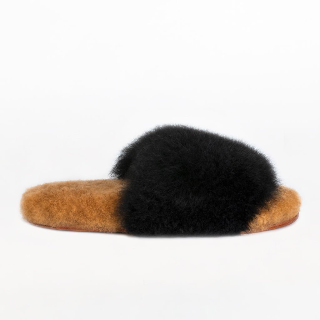 Black & Brown Slider. Ethical alpaca fur luxury slippers. Leather soles Sheepskin interior. Made in Peru. Animal cruelty free