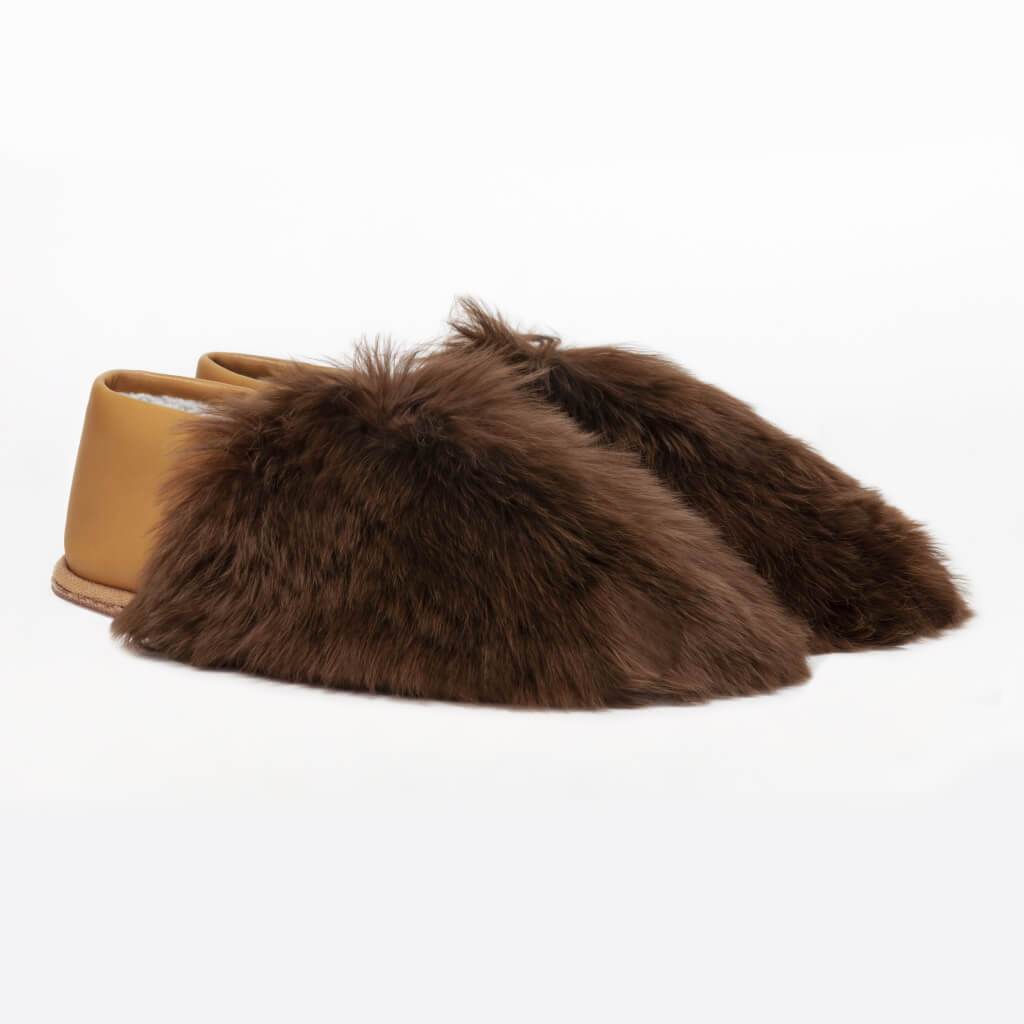 Chocolate Express. Ethical Alpaca fur luxury slippers. Leather soles. Sheepskin interior. Made in Peru. Animal cruelty free.