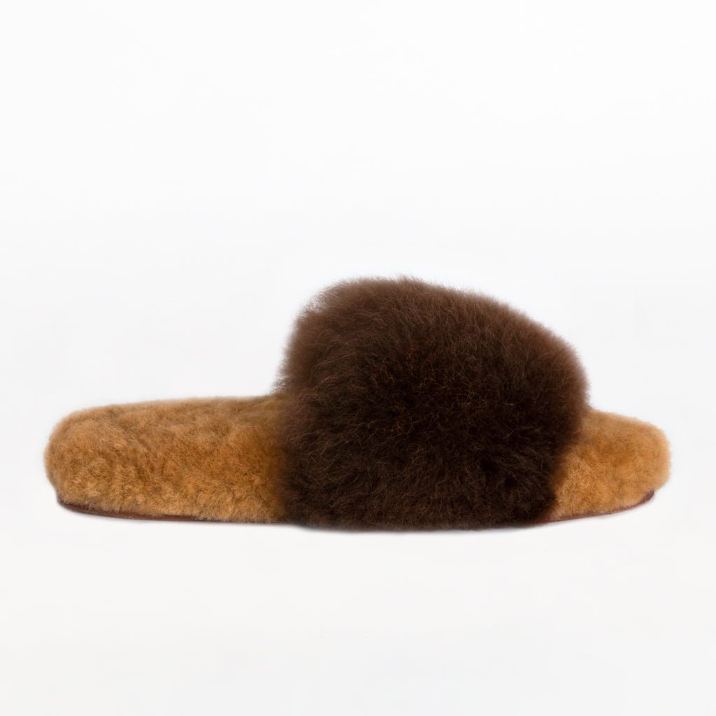 Chocolate Slider. Ethical Alpaca fur luxury slippers. Leather soles. Sheepskin interior. Made in Peru. Animal cruelty free.