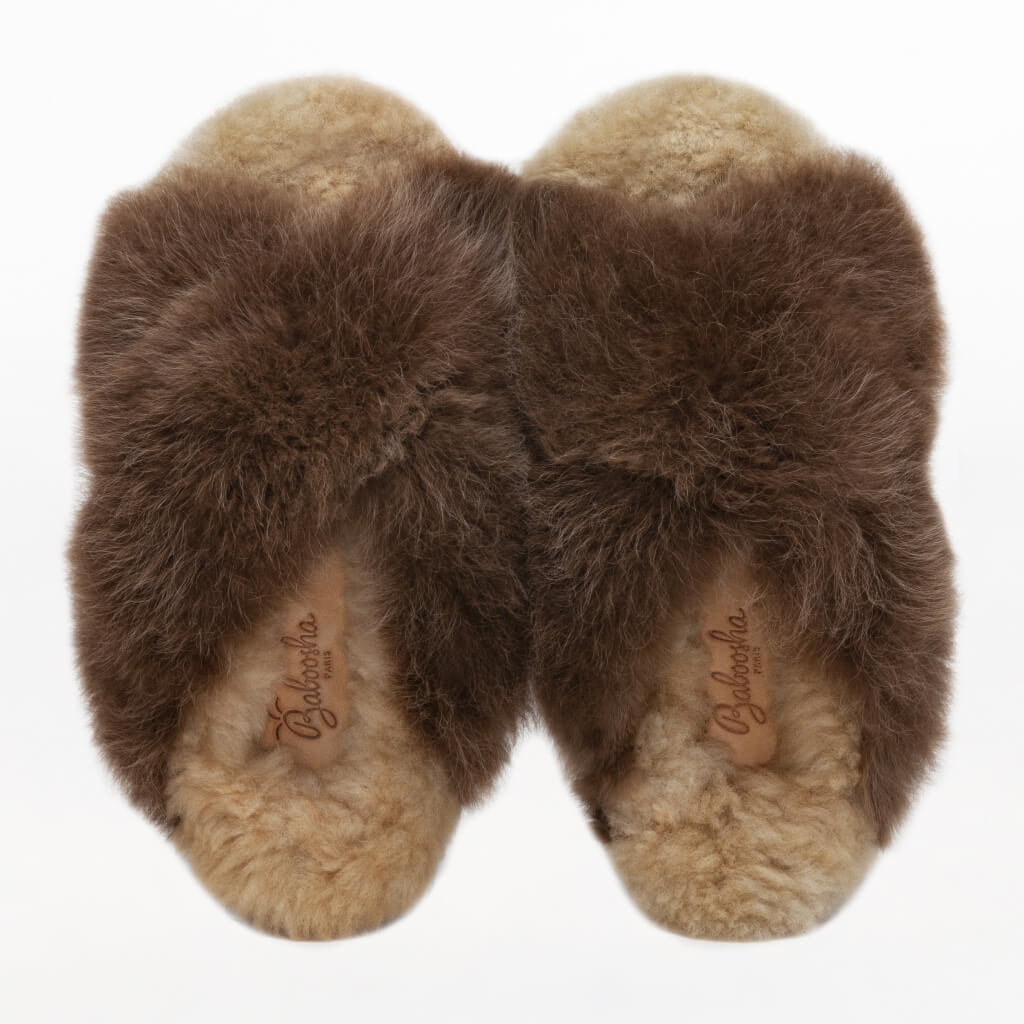 Chocolate X Slider. Ethical Alpaca fur luxury slippers. Leather soles. Sheepskin interior. Made in Peru. Animal cruelty free.