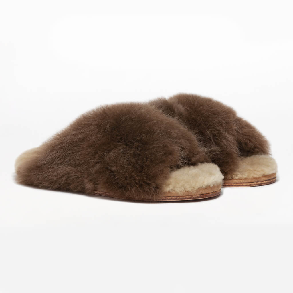 Chocolate X Slider. Ethical Alpaca fur luxury slippers. Leather soles. Sheepskin interior. Made in Peru. Animal cruelty free.