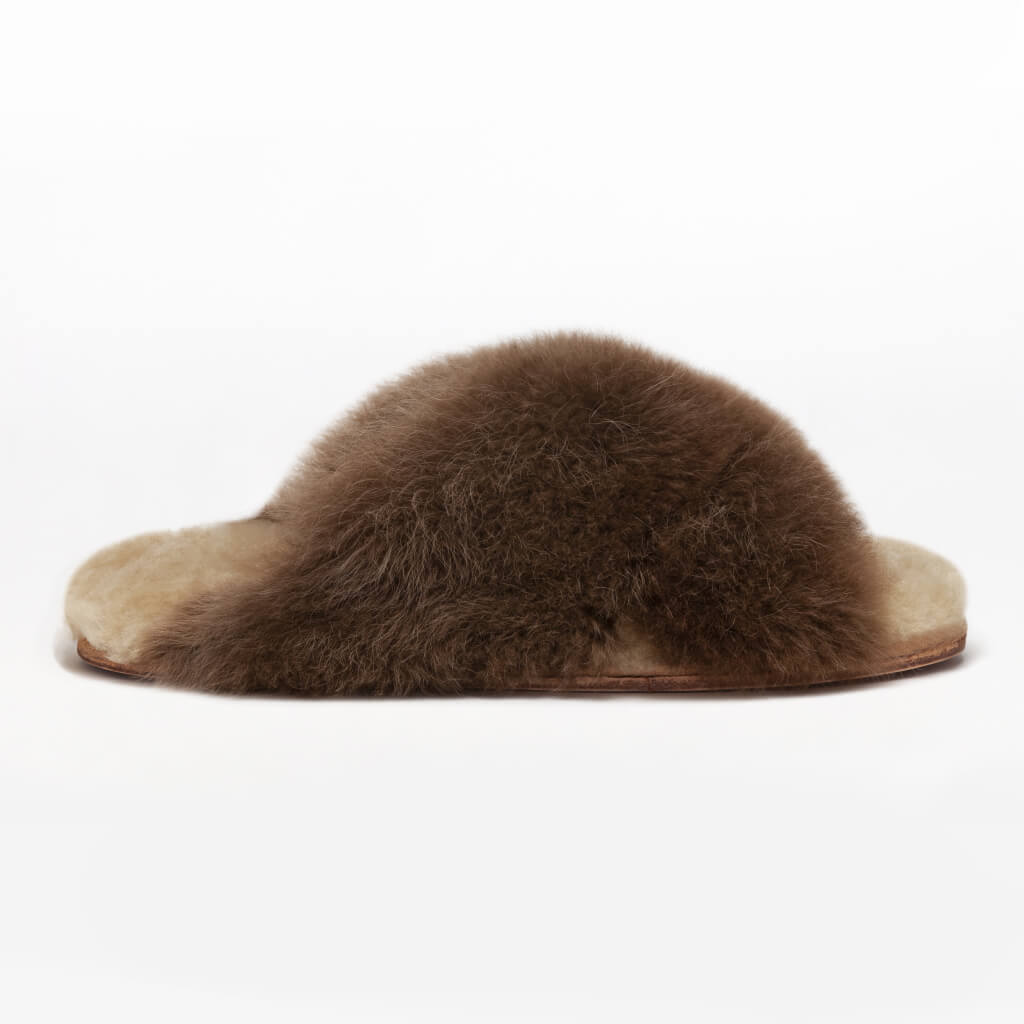 Chocolate X Slider. Ethical Alpaca fur luxury slippers. Leather soles. Sheepskin interior. Made in Peru. Animal cruelty free.