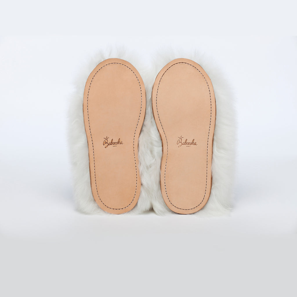 Pearl White Swirl. Ethical Alpaca fur luxury slippers. Leather soles. Sheepskin interior. Made in Peru. Animal cruelty free.
