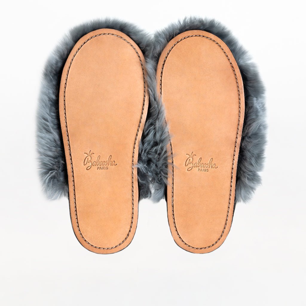 Dolphin Gray Express. Ethical Alpaca fur luxury slippers. Leather soles Sheepskin interior. Made in Peru. Animal cruelty free