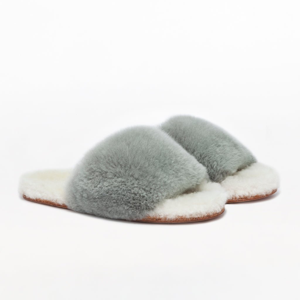 Dolphin Gray Slider. Ethical Alpaca fur luxury slippers. Leather soles. Sheepskin interior. Made in Peru. Animal cruelty free