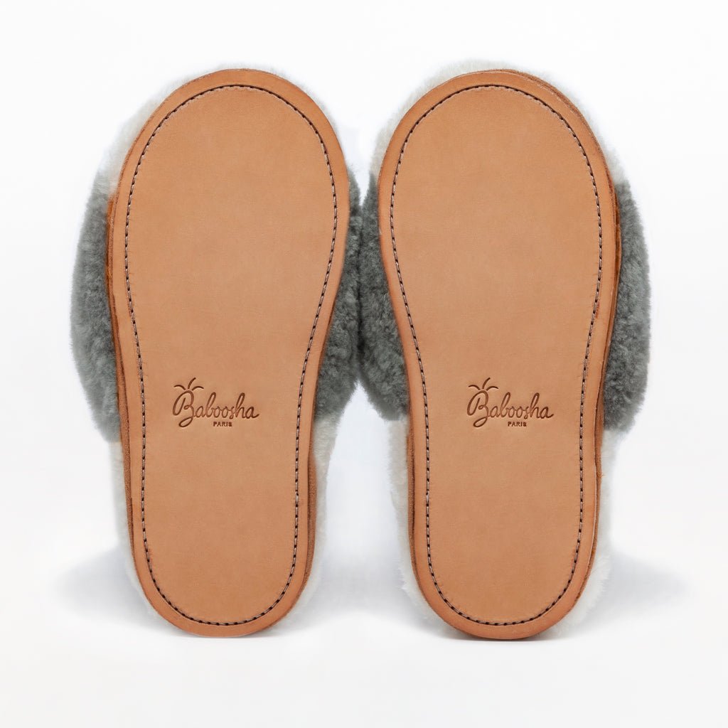 Dolphin Gray Slider. Ethical Alpaca fur luxury slippers. Leather soles. Sheepskin interior. Made in Peru. Animal cruelty free