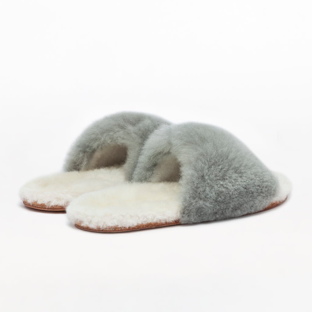 Dolphin Gray Slider. Ethical Alpaca fur luxury slippers. Leather soles. Sheepskin interior. Made in Peru. Animal cruelty free