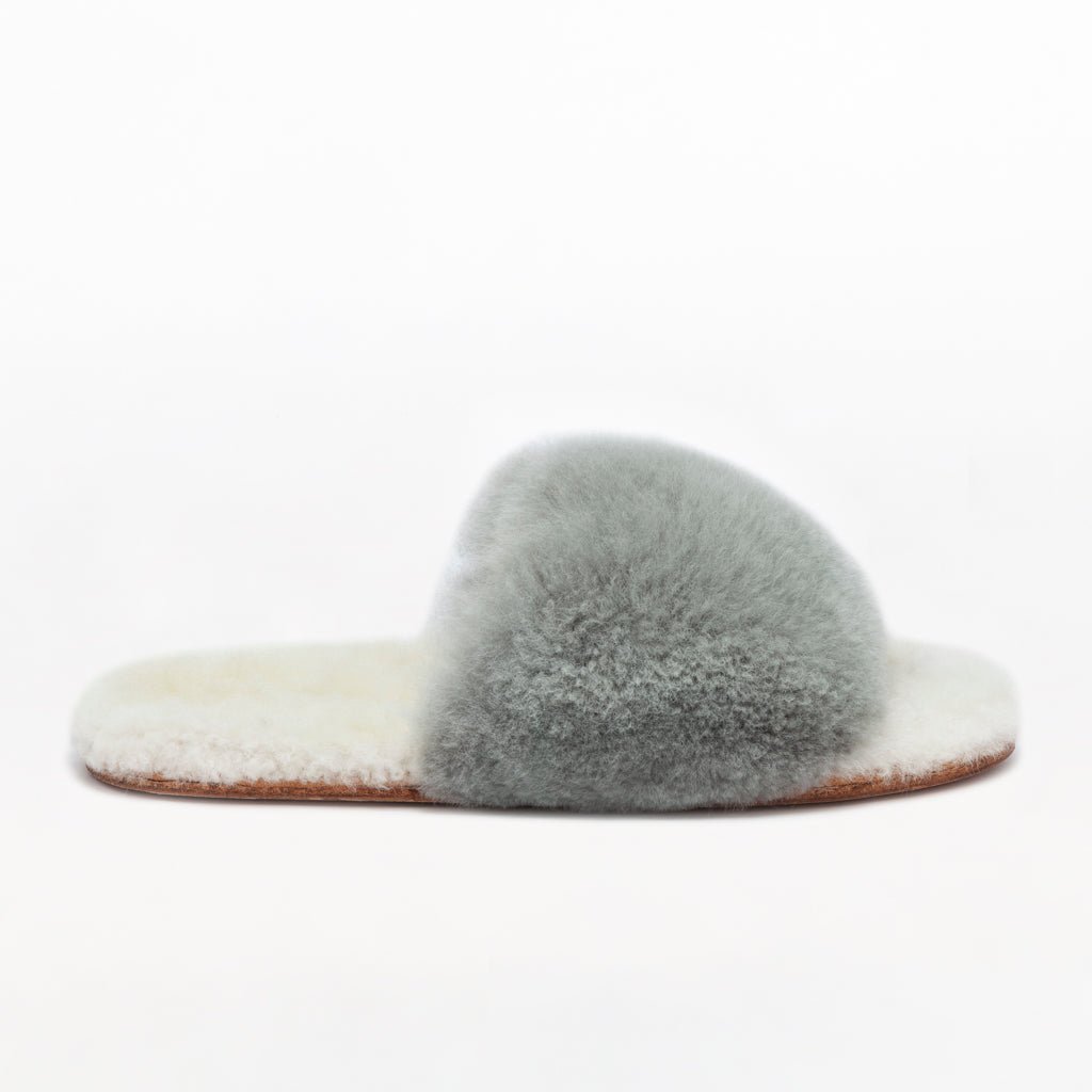 Dolphin Gray Slider. Ethical Alpaca fur luxury slippers. Leather soles. Sheepskin interior. Made in Peru. Animal cruelty free