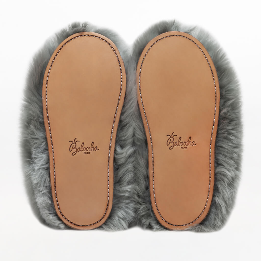 Dolphin Gray Swirl. Ethical Alpaca fur luxury slippers. Leather soles. Sheepskin interior. Made in Peru. Animal cruelty free.