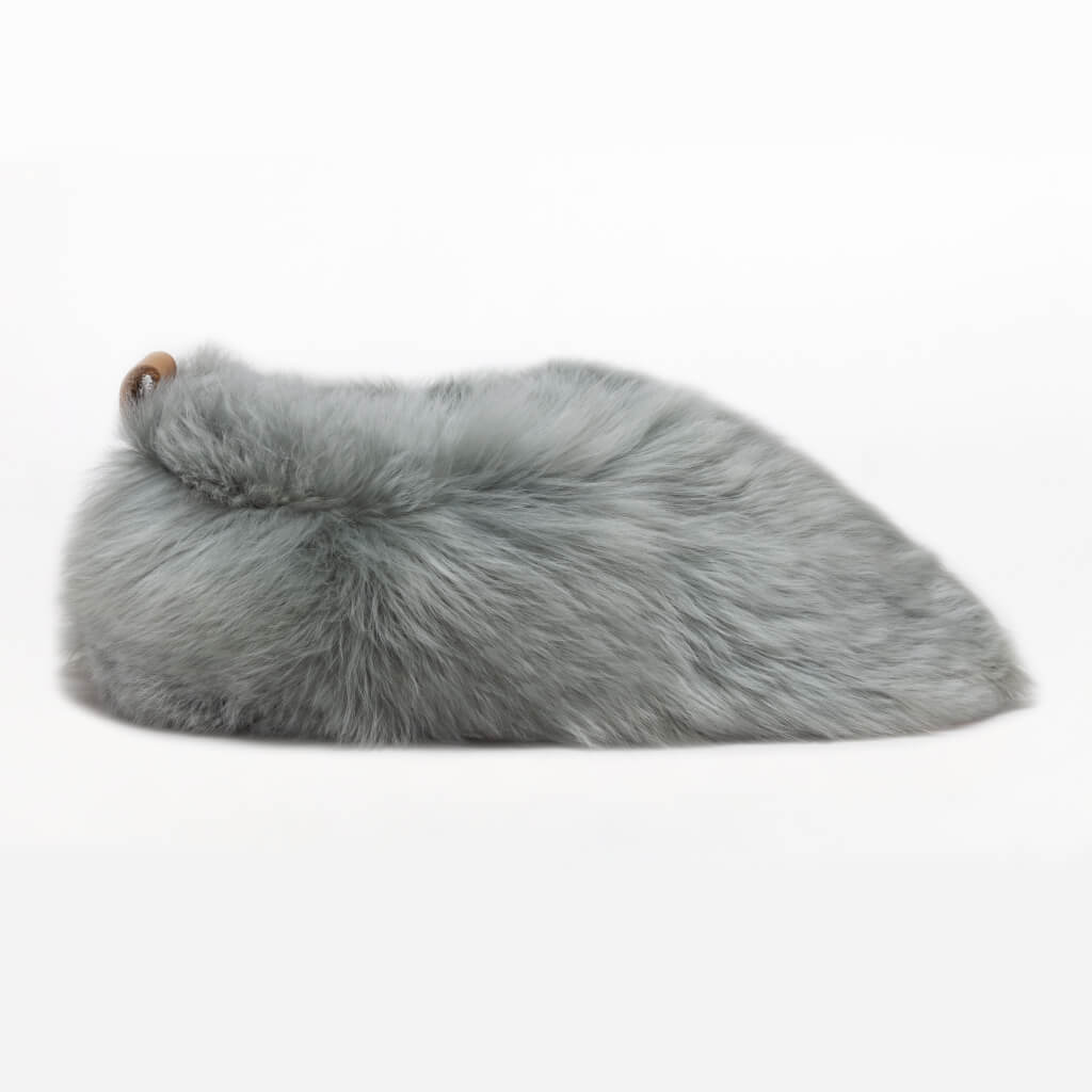 Dolphin Gray Swirl. Ethical Alpaca fur luxury slippers. Leather soles. Sheepskin interior. Made in Peru. Animal cruelty free.