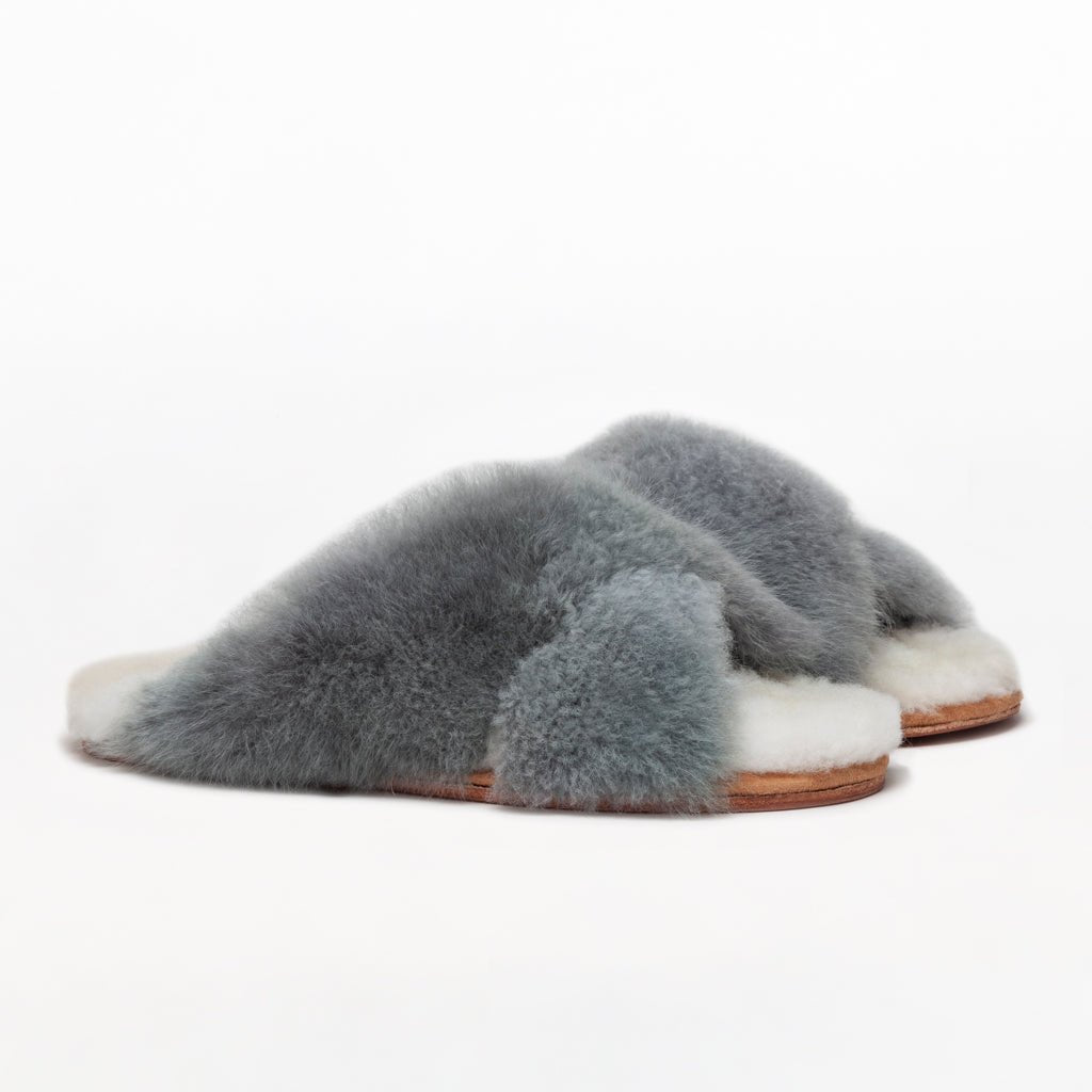 Dolphin Gray X Slider. Ethical Alpaca fur luxury slippers. Leather soles Sheepskin interior Made in Peru. Animal cruelty free