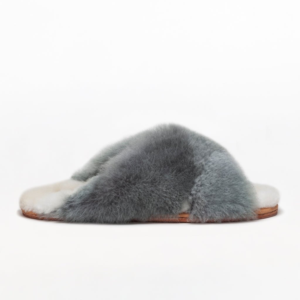 Dolphin Gray X Slider. Ethical Alpaca fur luxury slippers. Leather soles Sheepskin interior Made in Peru. Animal cruelty free