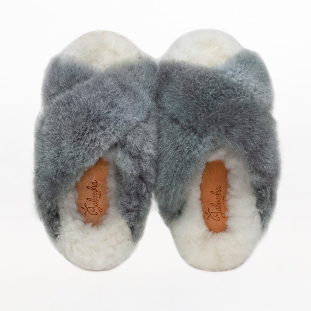 Dolphin Gray X Slider. Ethical Alpaca fur luxury slippers. Leather soles Sheepskin interior Made in Peru. Animal cruelty free