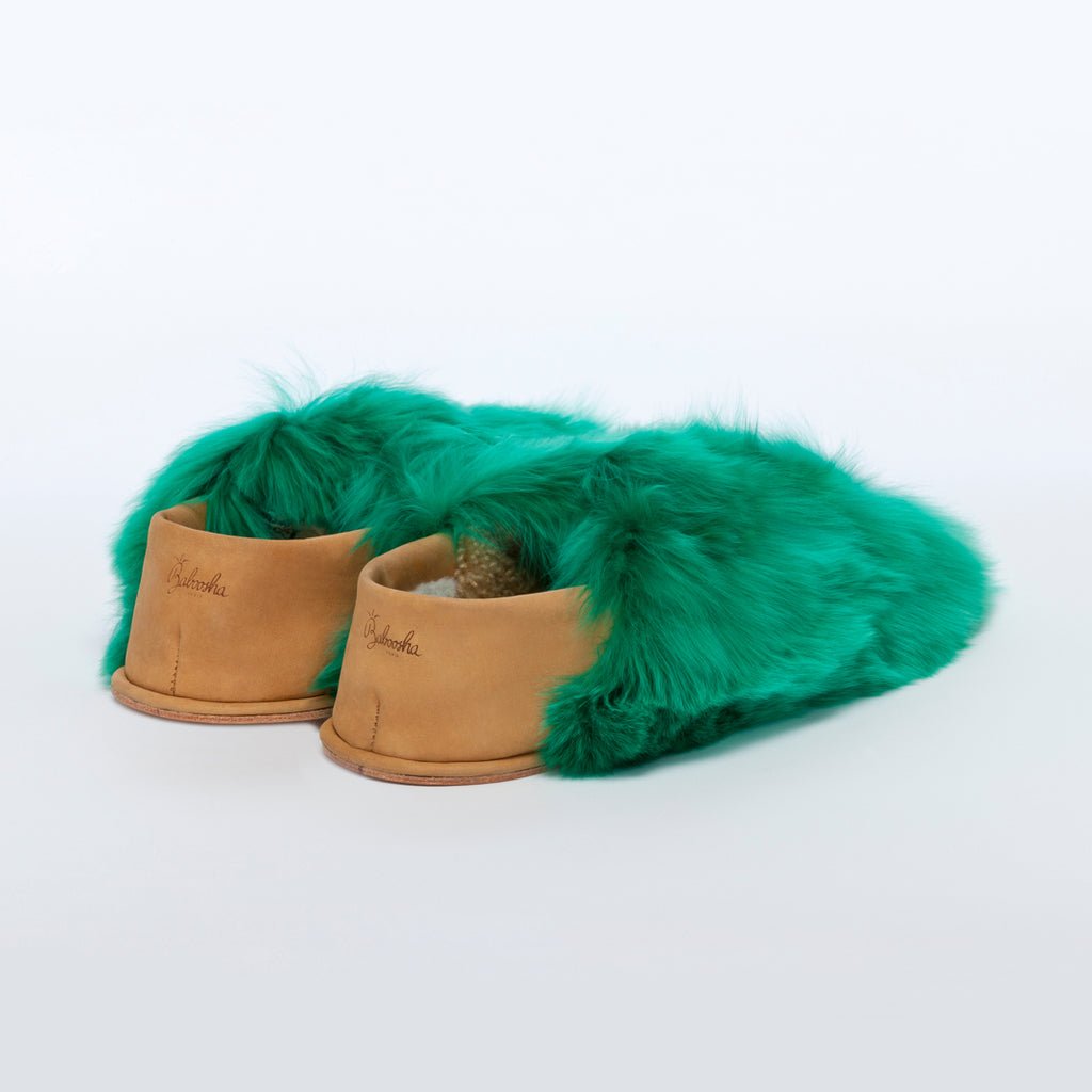 Emerald Express. Green. Ethical Alpaca fur luxury slippers. Leather soles Sheepskin interior Made in Peru Animal cruelty free