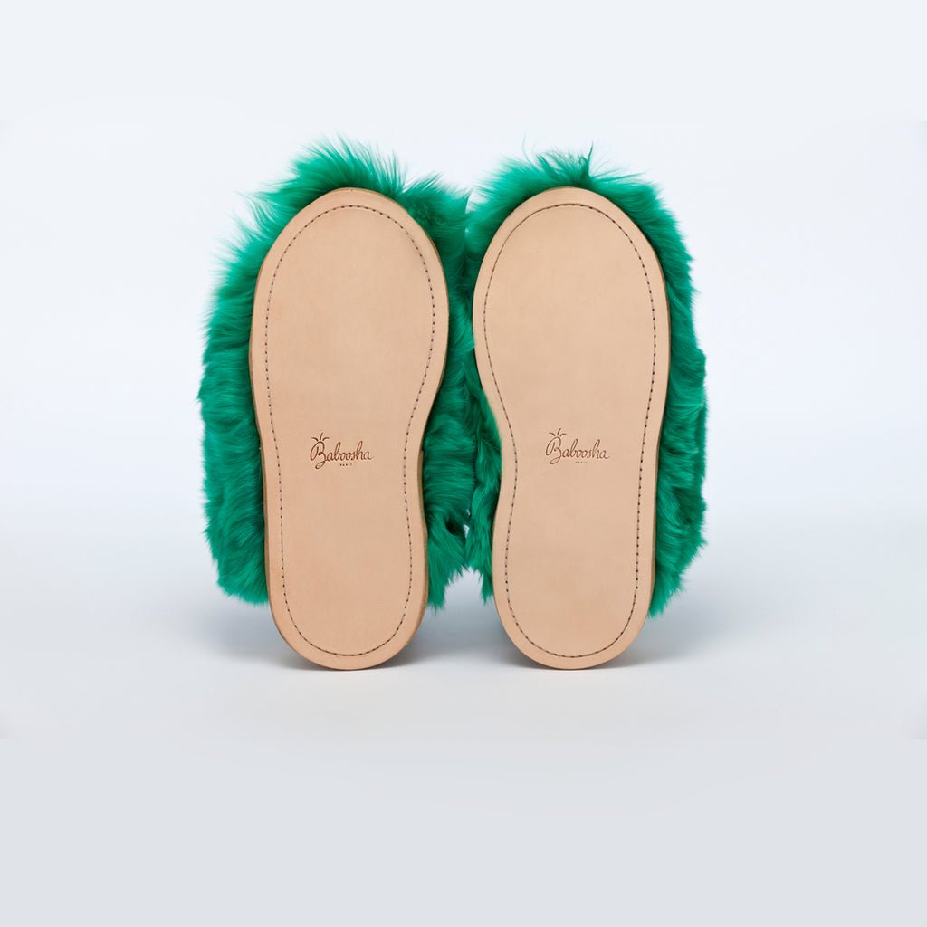 Emerald Express. Green. Ethical Alpaca fur luxury slippers. Leather soles Sheepskin interior Made in Peru Animal cruelty free