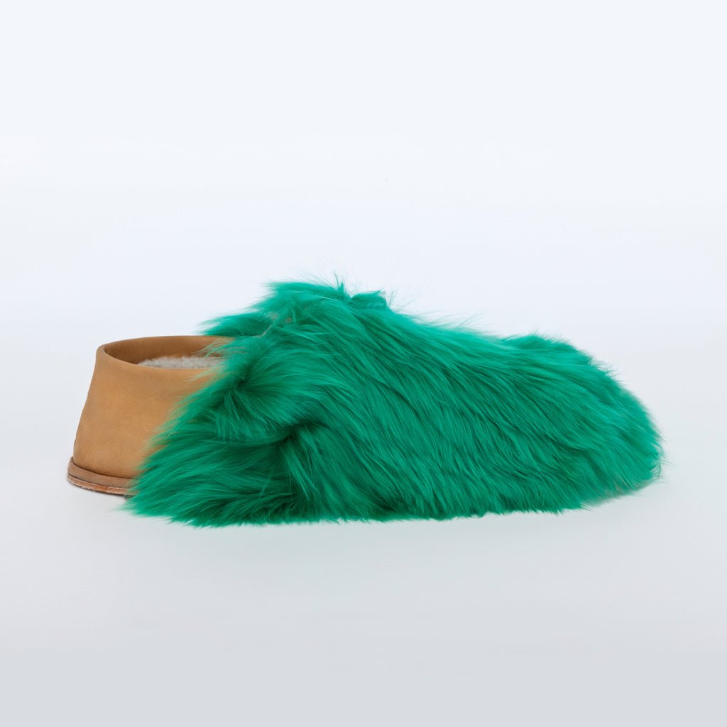 Emerald Express. Green. Ethical Alpaca fur luxury slippers. Leather soles Sheepskin interior Made in Peru Animal cruelty free