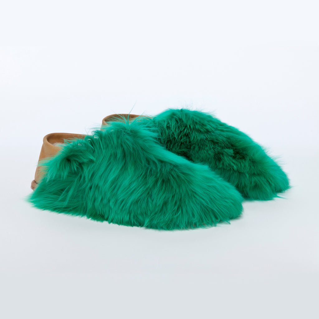 Emerald Express. Green. Ethical Alpaca fur luxury slippers. Leather soles Sheepskin interior Made in Peru Animal cruelty free