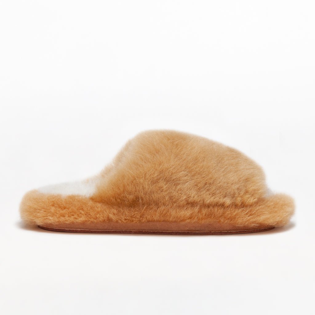 Ginger Honey Platform. Ethical Alpaca fur luxury slippers. Leather soles Sheepskin interior. Made in Peru Animal cruelty free
