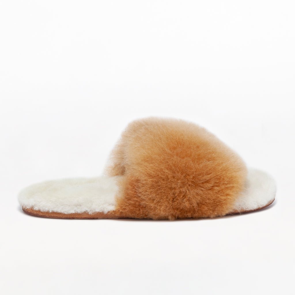 Ginger Honey Slider. Ethical Alpaca fur luxury slippers. Leather soles. Sheepskin interior. Made in Peru. Animal cruelty free